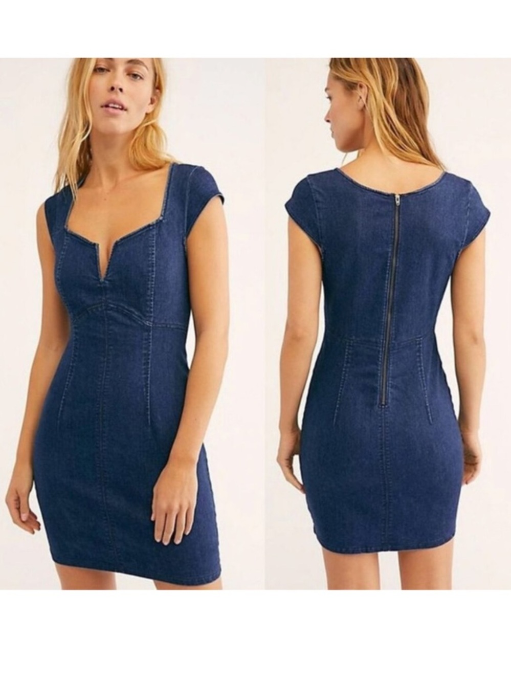 Free People Lia Denim Mini Bodycon Dress XS Stretchy Split Neck Cap Sleeves